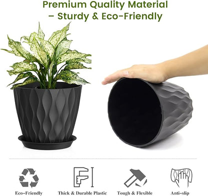 8 Inch Plant Pots, 4 Pack Plastic Planters for Indoor Outdoor with Drainage Holes & Saucers, Waffle Texture Flower Pots for Indoor Plants, Indoor Plant Pots for Monstera, Fiddle Leaf Fig, Black