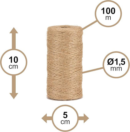 Natural Jute Twine Diameter 1.5 mm ± 100 m for Gardening, DIY, Crafts BJN100