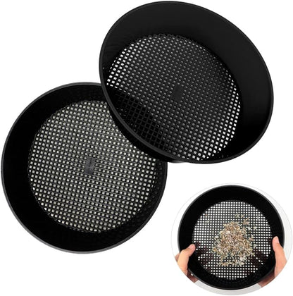 2 Pcs Round Garden Soil Sieve Pan with Handle Sand Sifter Set for Sieve Work of Small Gravel, Soil, Sand（Black）