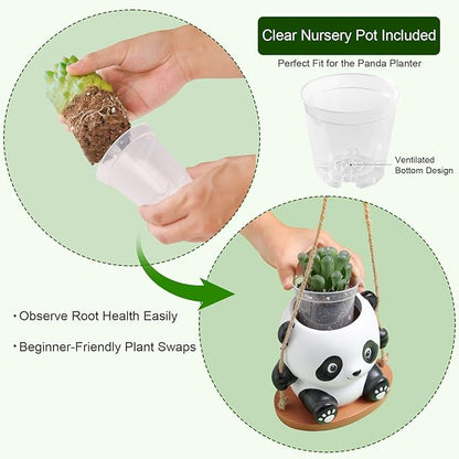 Swing Panda Hanging Planters for Indoor Plants, Cute Succulent Pots with Drainage Hole, Small Hanging Flower Pots Outdoor, Panda Gifts for Plant Lovers (Boy-White)
