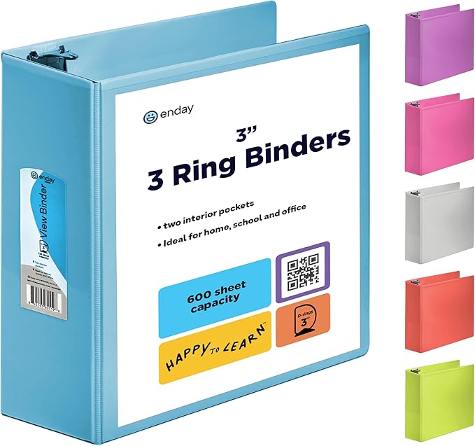 Enday 3 Inch Binder 3 Ring Binders Blue, Slant D-Ring 3” Clear View Cover with 2 Inside Pockets, Heavy Duty Colored School Supplies Office and Home Binders