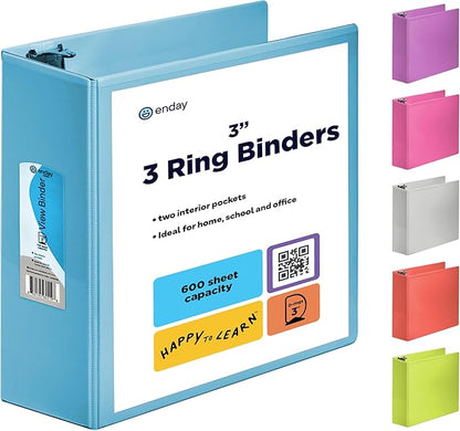 Enday 3 Inch Binder 3 Ring Binders Blue, Slant D-Ring 3” Clear View Cover with 2 Inside Pockets, Heavy Duty Colored School Supplies Office and Home Binders