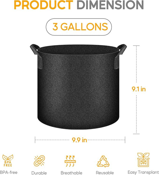 YSSOA 10-Pack Fabric Grow Bags 3 Gallon with Pruner, 300G Thickened Nonwoven Plant Growing Pots with Handles, Planting Bags for Vegetables, Black