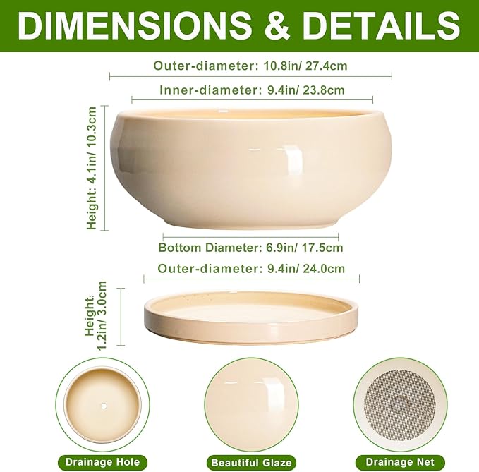 Bonsai Pots - 10 Inch Ceramic Succulent Planters Indoor Outdoor, Bonsai Planters with Drainage Hole and Saucer, Round Shallow Planter, Bowl Planter, House Decor, Gifts for Plant Lover, Beige