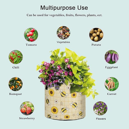 5 Gallon Cartoon Sunflwoers Bee Plaid Heavy Duty Grow Bag Breathable Planter Pot Containers with Handles for Potato Tomato Fruits Vegetables Flowers