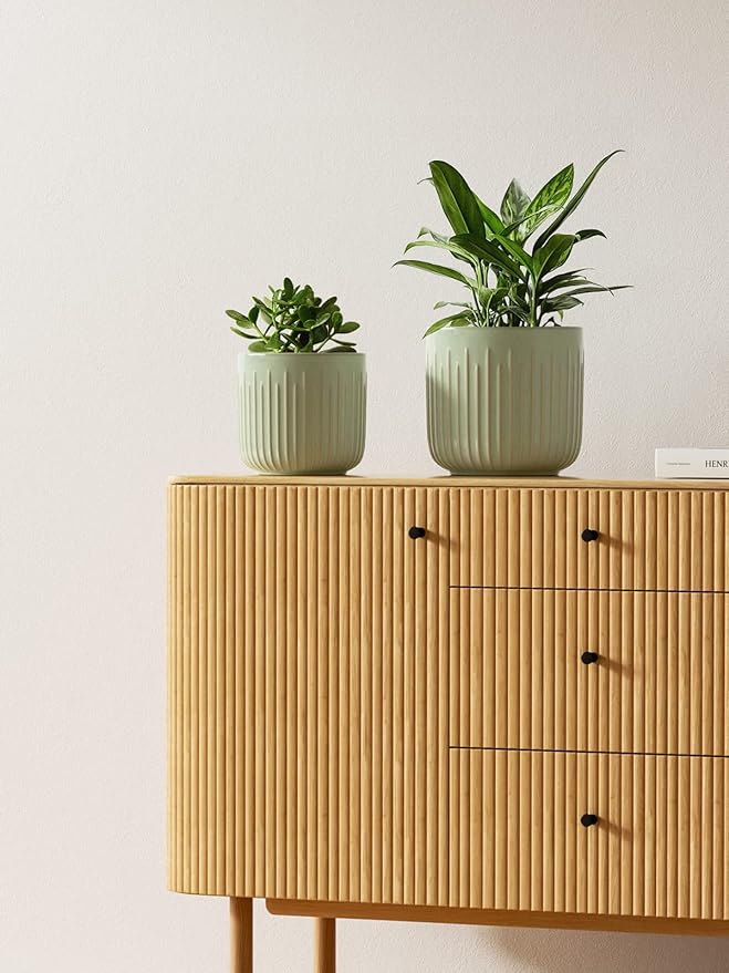 LE TAUCI Fluted Ceramic Pots for Plants, 8.3/7/6 Inch Indoor Planters with Drainage Holes & Mesh, Modern Glossy Glaze Cylinder Plant Pot for Snake Plant, Set of 3, Sage Green