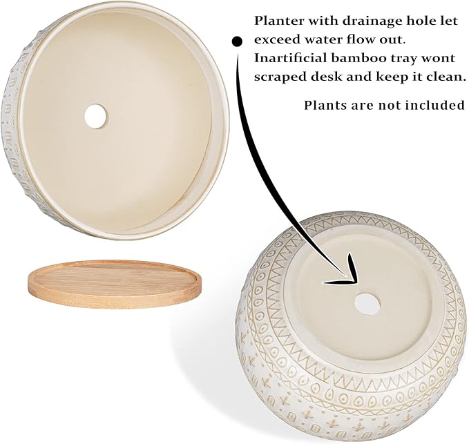 8 Inch Ceramic Succulent Planter Pots with Drainage Hole Flower Pot for Indoor Plants Round Shallow Bonsai Pot with Bamboo Tray White