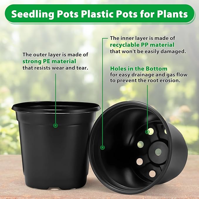 Sfee 100 Pack Plant Nursery Pots 4 inch Plastic Plant Pots, Durable Reusable Seed Starting Pots for Succulents Plants Vegetables Fruits Seedlings Cuttings Transplanting with 100 Plant Labels (Black)