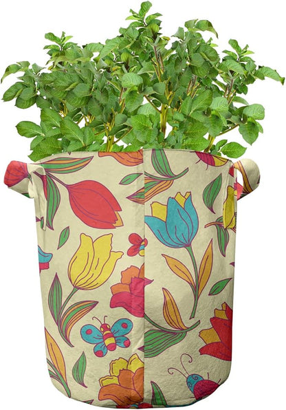 Ambesonne Colorful Grow Bags 5-Pack, Butterflies Bee Tulips, Heavyduty Fabric Pots with Handles for Plants, Cream Red