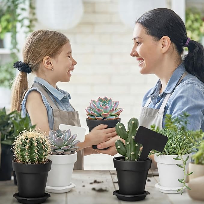 36 Packs Cupcake Plant Nursery Pots with Humidity Dome Small Flower Pots Plastic Planting Containers Cups with Saucers and Shovel for Indoor Outdoor Plant Succulent Display(Black and White)
