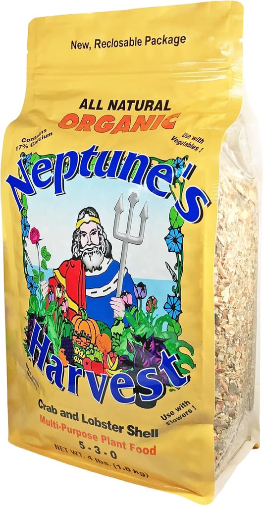 Neptune’s Harvest Organic Crab & Lobster Shell Multi-Purpose Plant Food (5-3-0) - 4 LB Resealable Bag - Rich in Nutrients Soil Fertilizer - Plant Food for Lawns, Gardens, and Vegetables