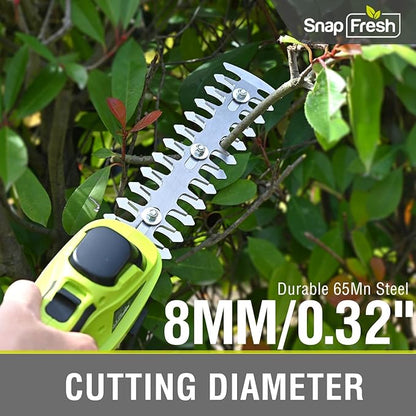 SnapFresh 20V Hedge Trimmer Cordless, 2 in 1 8.67" Electric Shrub Trimmer and 4.72” Grass Shears with 2.0Ah Battery and Charger, Handheld Grass Cutter/Bush Trimmer for Garden Yard