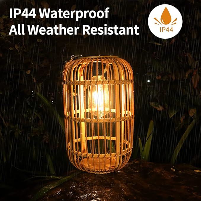 Livinlarge Solar Lantern Outdoor Waterproof, Large Rattan Solar Lantern Outdoor Hanging with Handle, Natural Bamboo Solar Outdoor Lights with Edison Bulb for Garden Patio Yard Tabletop Decoration
