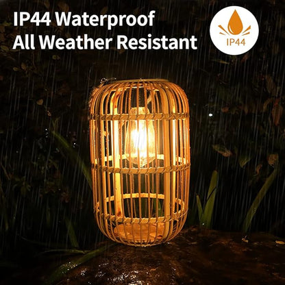 Livinlarge Solar Lantern Outdoor Waterproof, Large Rattan Solar Lantern Outdoor Hanging with Handle, Natural Bamboo Solar Outdoor Lights with Edison Bulb for Garden Patio Yard Tabletop Decoration