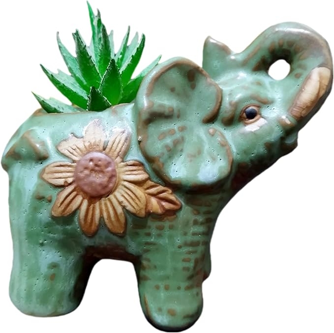 Cute Animal Elephant Shaped Ceramic Succulent Cactus Air Plant Flower Pots Planters-Plant Not Included (Green)