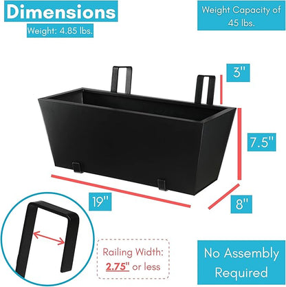 BIRDROCK HOME 1pk Metal Railing Planter - Balcony Flower Box - Deck Rail Boxes - House Apartment Plant Pot - Black