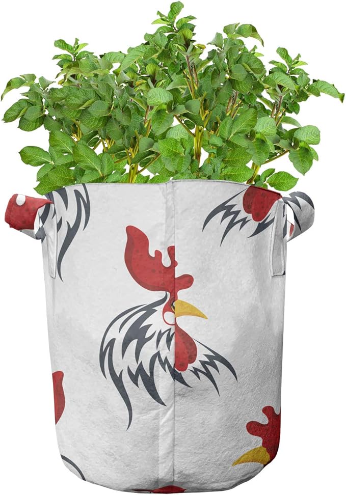 Ambesonne Rooster Grow Bags 5-Pack, Farm Animal Head Symbols, Heavyduty Fabric Pots with Handles for Plants, White Vermilion