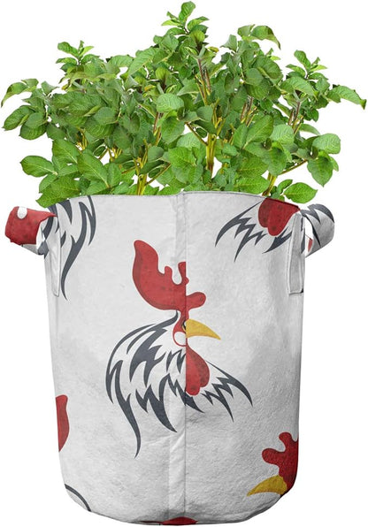 Ambesonne Rooster Grow Bags 5-Pack, Farm Animal Head Symbols, Heavyduty Fabric Pots with Handles for Plants, White Vermilion