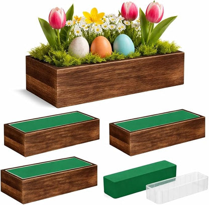 Dandat 4 Set Wood Boxes for Centerpieces 12x4 Inch Rectangle Wooden Planter Box Rustic Wood Planter with Removable Plastic Liner Floral Foam Blocks for Centerpieces Home Wedding Garden Decor