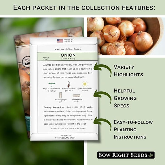 Sow Right Seeds - Long Day Onion Seed Collection for Planting - Yellow Sweet Spanish, Ringmaster, Ruby Red, Ailsa Craig, Walla Walla - Non-GMO Heirloom Varieties to Plant a Home Vegetable Garden