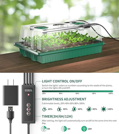 Seed Starter Tray, 80-Cells Seedling Starter Trays with Grow Light and Humidity Dome, Reusable Seed Germination Kit for Indoor Gardening Seed Starting (2 Pack, Green Base)