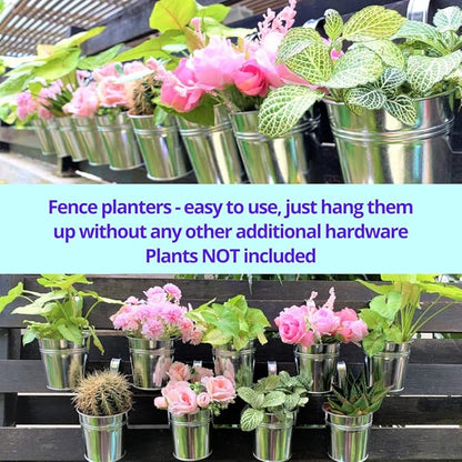 LaLaGreen Fence Planters for Outdoor Plants (10 Pack, 6 Inch) Railing Planter Metal Herb Garden Pots Outdoor, Hanging Silver Flower Buckets for Outside Wall Deck Patio Balcony Rail Farmhouse Rustic