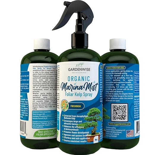 Organic Marina Mist Foliar Spray for All Live Indoor and Outdoor Bonsai Tree Plants | Micro Nutrients for Vital Bonsai Health | Gentle Formula | Liquid Plant Food | Quick Results (16 oz)