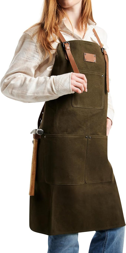 Theodore Waxed Canvas Work Apron - Cross Back with Leather Straps, 14oz Heavy Duty Canvas, Multi-Pocket Utility