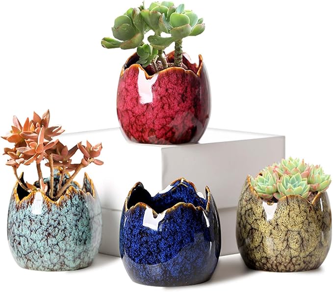 YYW Succulent Pots, 4 Pack Ceramic Planters for Indoor Plants in, Dragon Egg Broken Shell Design Flower Pots with Drainage Hole, Stylish Plant Pots,Home Office Decor (Four Piece)