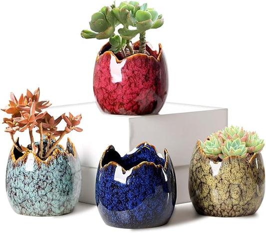 YYW Succulent Pots, 4 Pack Ceramic Planters for Indoor Plants in, Dragon Egg Broken Shell Design Flower Pots with Drainage Hole, Stylish Plant Pots,Home Office Decor (Four Piece)