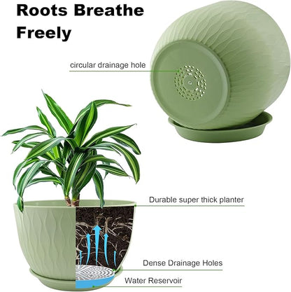 12/10/9 inch Plant Pots, 3 Pack Flower Pots for Outdoor Indoor Garden Plants, Large Planters with Multi Mesh Drainage Holes and Saucer (Green, 12"+10"+9")