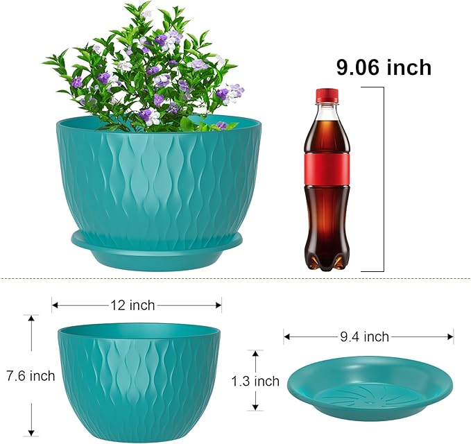 12 inch Large Plant Pots, Flower Pots with Multi-Mesh Drainage Holes and Saucer, Plastic Planters for Indoor and Outdoor Garden Plants (Black-Green, 12")