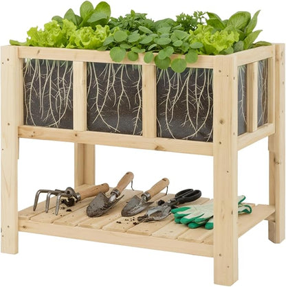 PetsCosset Small Transparent Raised Garden Bed with Legs, Compact Planter Box Stand with Observation Panels & Storage Shelf for Balcony, Patio, Small Spaces (Natural Wood)