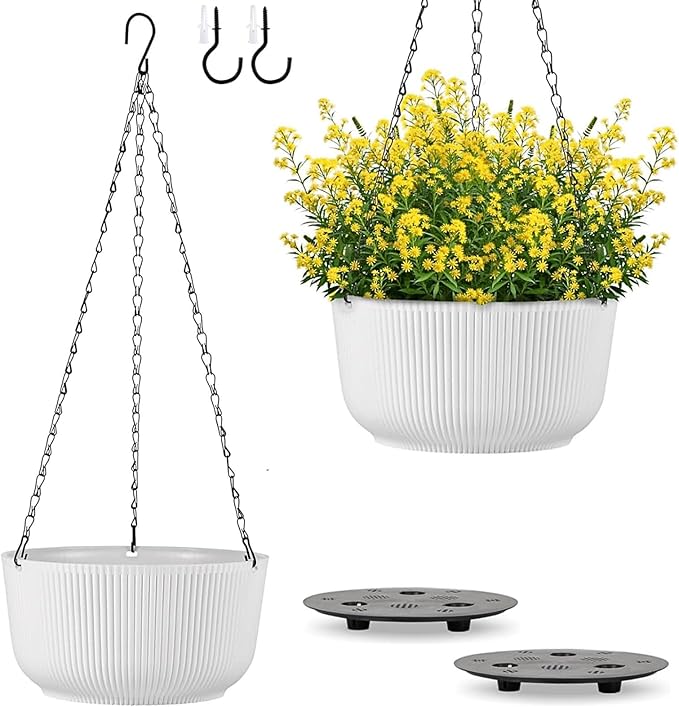 White Hanging Planters for Indoor Outdoor Plants, Set of 2 11.2 Inch Self-Watering Hanging Pots with Drainage Hole & Plug II Screw-in Hooks II