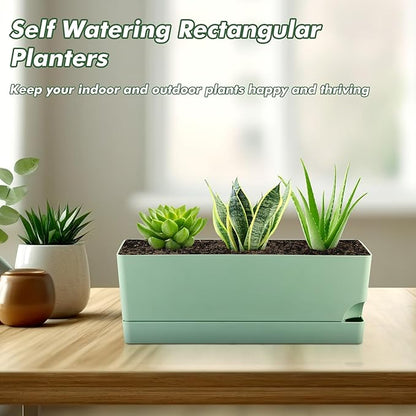 2 Pack Self Watering Pots for Indoor Plants 17 Inches Window Boxes Planters Rectangular Flower Pots Rectangle Herb Pots Large Plant Pots with Drainage Holes and Saucers Windowsill Planter, Green