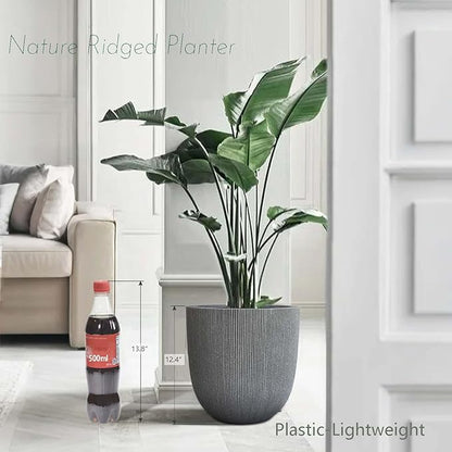 12.4" Tall Round Tapered Planter - Gray Faux Cement Finish, Lightweight Durable Plastic Plant Pot with Drainage Hole & Plug, Weather & UV Resistant Pot for Plants Indoor/Outdoor Use, 10.5" Opening