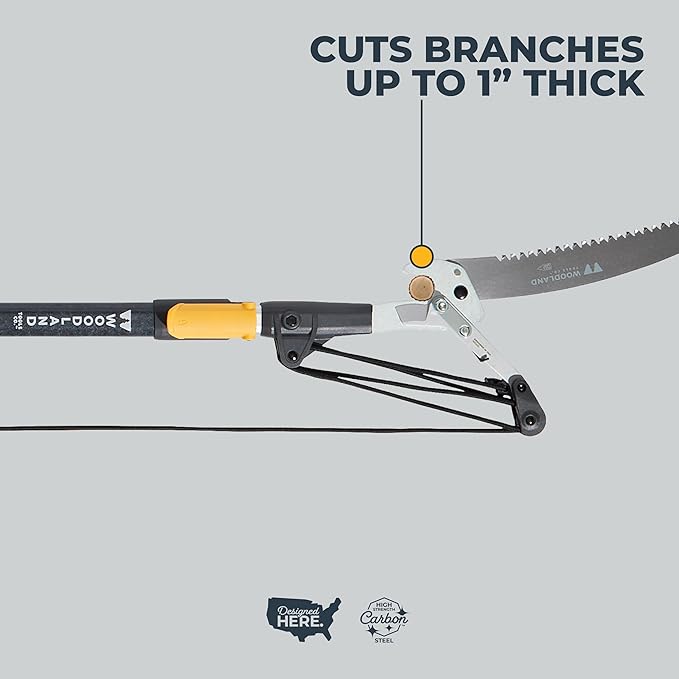 WOODLAND TOOLS 12 Foot Tree Pruner – Extendable Pole Pruner with Bypass Cutting Head, Saw Blade, Double Lock System, Fiberglass and Aluminum Poles, Cord Management, Compound Pulley System