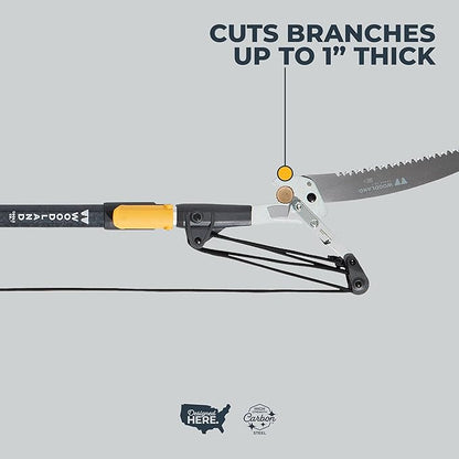 WOODLAND TOOLS 12 Foot Tree Pruner – Extendable Pole Pruner with Bypass Cutting Head, Saw Blade, Double Lock System, Fiberglass and Aluminum Poles, Cord Management, Compound Pulley System
