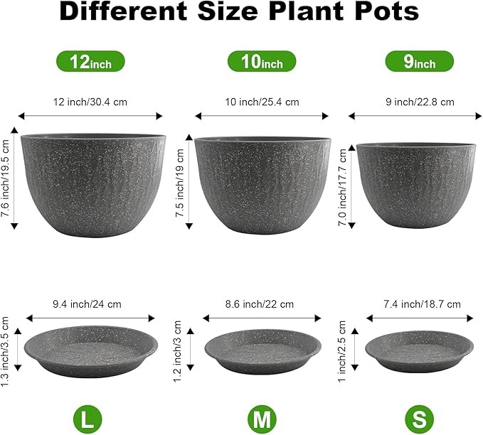 12/10/9 inch Plant Pots, 3 Pack Flower Pots for Outdoor Indoor Garden Plants, Large Planters with Multi Mesh Drainage Holes and Saucer (Speckled Grey, 12"+10"+9")