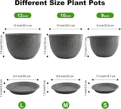 12/10/9 inch Plant Pots, 3 Pack Flower Pots for Outdoor Indoor Garden Plants, Large Planters with Multi Mesh Drainage Holes and Saucer (Speckled Grey, 12"+10"+9")