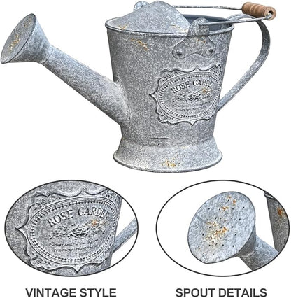 Vintage Metal Watering Can with Wooden Handle, Watering Can for Indoor/Outdoor Plants, Shabby Chic Decor for Home Balcony Courtyard Garden Gray