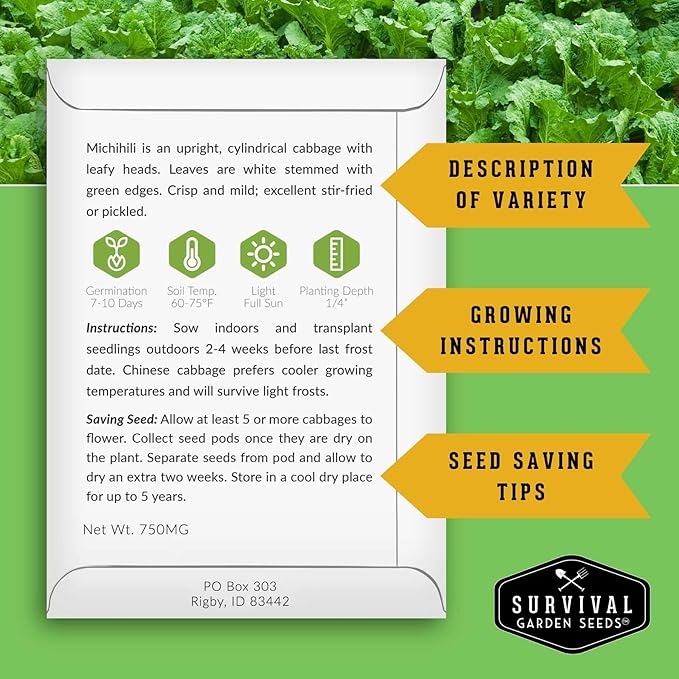 Cabbage Seeds Variety Pack - 5 Heirloom Non-GMO Varieties: Red Acre, Golden Acre, Jersey Wakefield, Early Round Dutch, Michihili Napa | Survival Garden Seeds