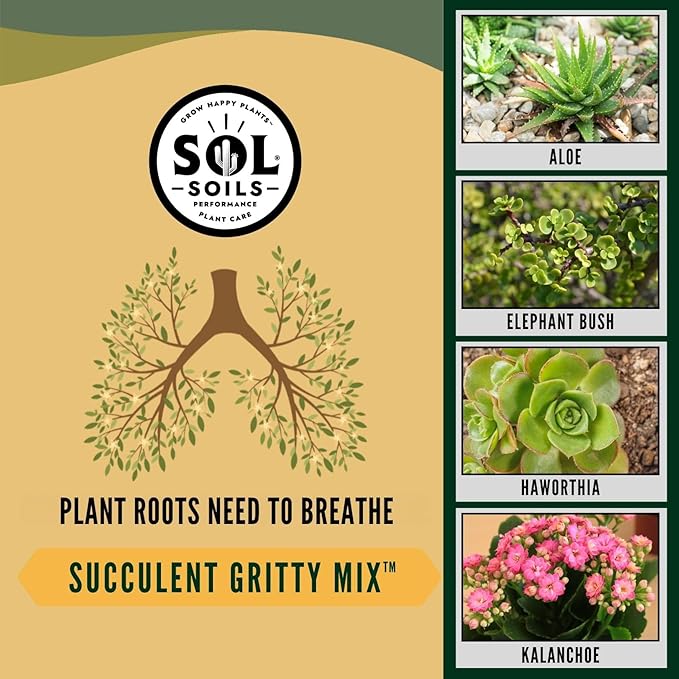 Sol Soils Succulent Gritty Mix 1 Gallon - Fast Draining Peat Moss Free Succulent Soil Potting Mix with Coconut Husk Chips, Perlite & Pumice