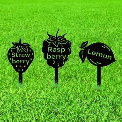 WADORN 3Pcs Fruit Party Metal Decorative Garden Stakes, Strawberry Lemon Raspberry Plant Label Signs Rust Weather Resistant Stakes Silhouette Ornaments for Yard Art Garden Patio Backyard Lawn Decors