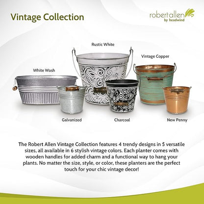 Headwind Vintage Collection - Floral Galvanazied White Wash Planter with Handles – 8 Inch Medium Flower Pots Decorative Plant Indoor – Plant Pots Indoor with Drainage by Robert Allen