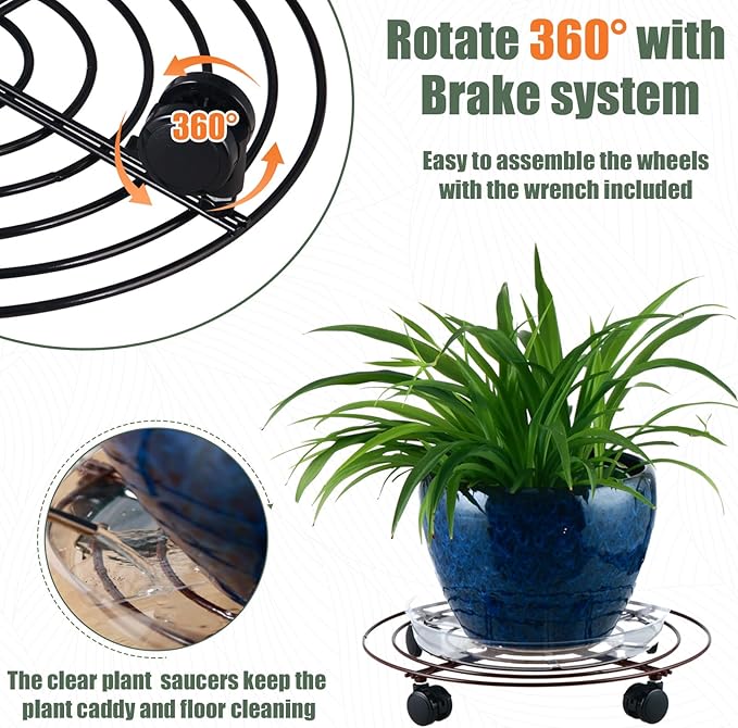 6 Packs 13 Inches Large Metal Plant Caddy with Wheels Rolling Plant Stands Heavy-duty Wrought Iron Plant Roller Base Pot Movers Plant Saucer on Wheels Indoor Outdoor Plant Dolly with Casters Planter Tray