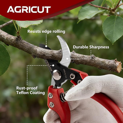 AGRICUT Pruning Shears Bypass Pruners - 4/5 Inch Cut Capacity Hand Clippers Gardening Scissors with High Carbon Steel Blade Teflon Coated Nylon Handle Red