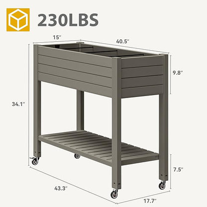 DWVO Raised Garden Bed Kit, 3.6 x 1.5 x 2.8 FT Outdoor Plastic Planter Box with Wheels and Legs, Garden Box with Drain Plug & Storage Shelf for Planting Vegetables, Flowers, and Herbs, Light Brown