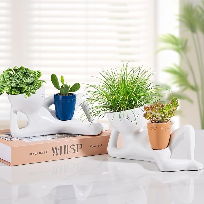 Face Planters Head, Funny Succulent Garden Pots,Cute Planters for Indoor Plants, Double Flower Pot with Drainage for Plant Lovers Gift (Yellow)