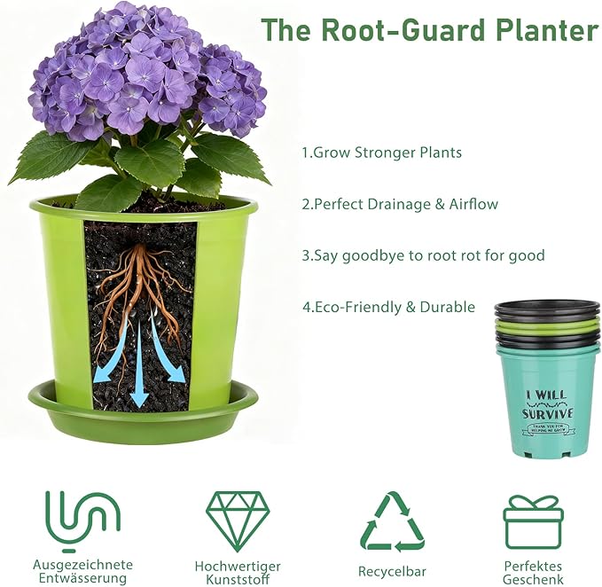 NIKONIKO 6.5 Inch Nursery Pots with Drainage and Saucers, 8 Pack, Ideal Seedling Pots and Plant Pots for Vegetables, Orchids, Aloe, Flower Pots for Indoor and Outdoor Plants
